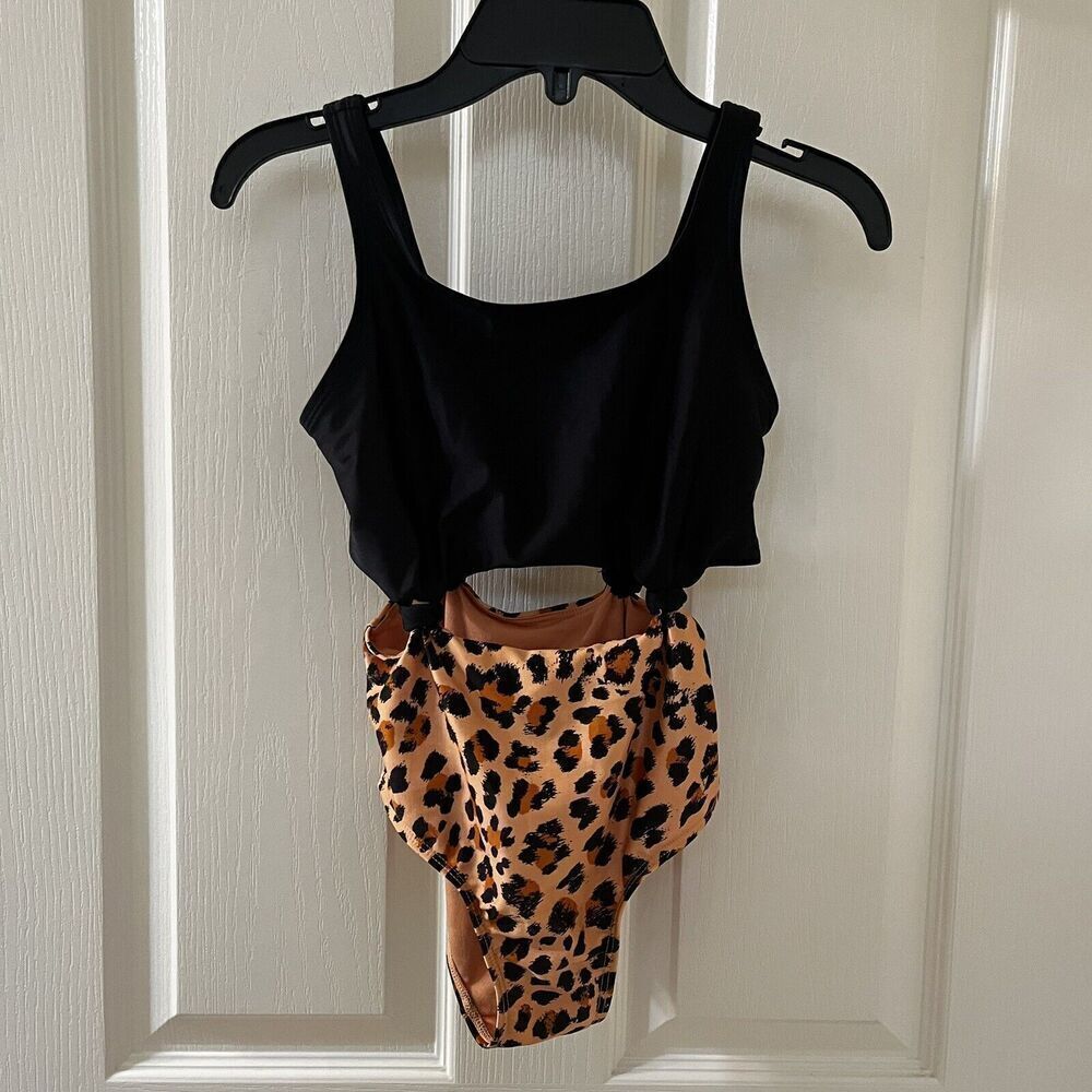 Art Class Black Leopard Print One Piece Swimsuit Girls Size Medium 7-8